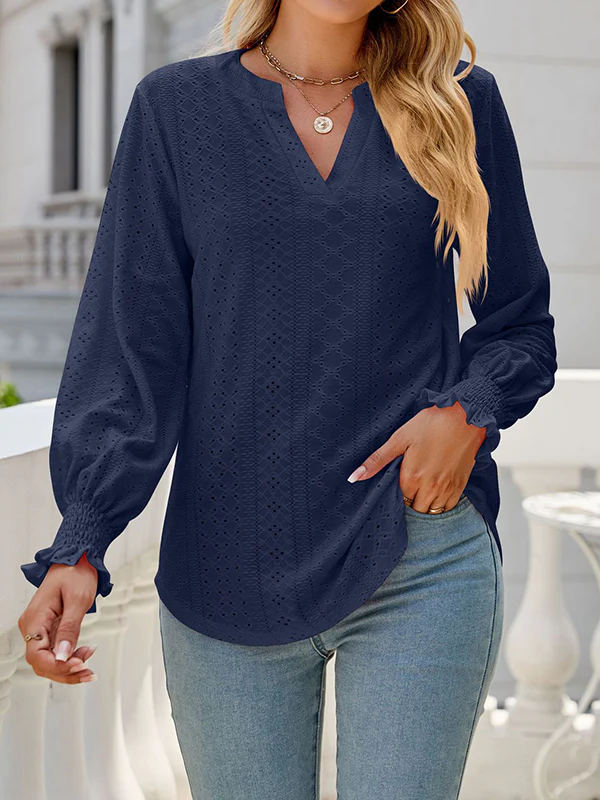 Long Sleeves Loose Elasticity Hollow Solid Color V-Neck T-Shirts Tops - Image 27