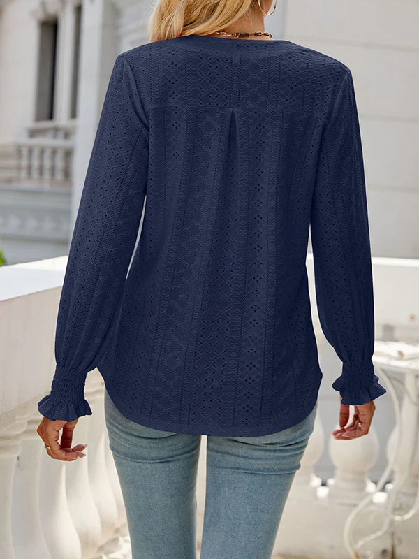 Long Sleeves Loose Elasticity Hollow Solid Color V-Neck T-Shirts Tops - Image 29