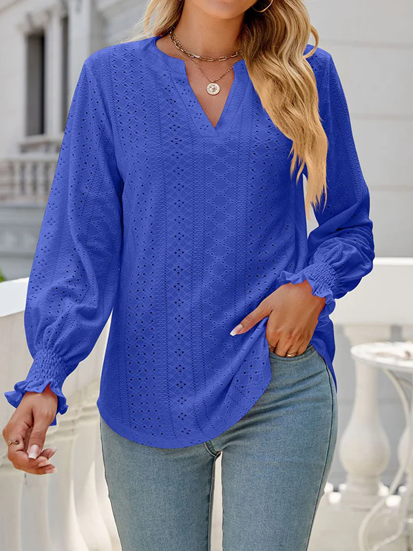Long Sleeves Loose Elasticity Hollow Solid Color V-Neck T-Shirts Tops - Image 30