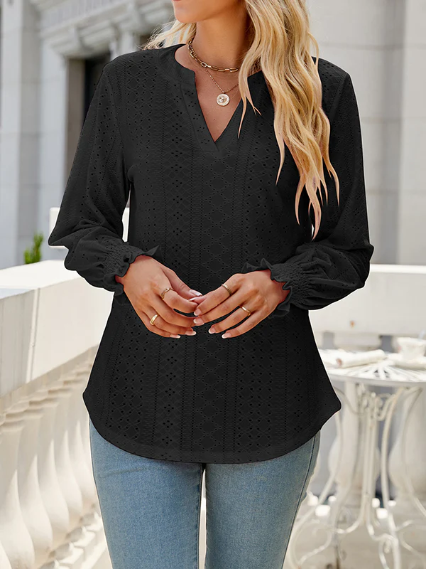 Long Sleeves Loose Elasticity Hollow Solid Color V-Neck T-Shirts Tops - Image 32