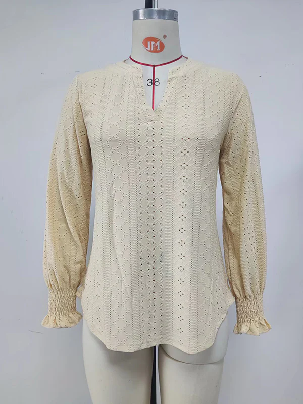 Long Sleeves Loose Elasticity Hollow Solid Color V-Neck T-Shirts Tops - Image 33