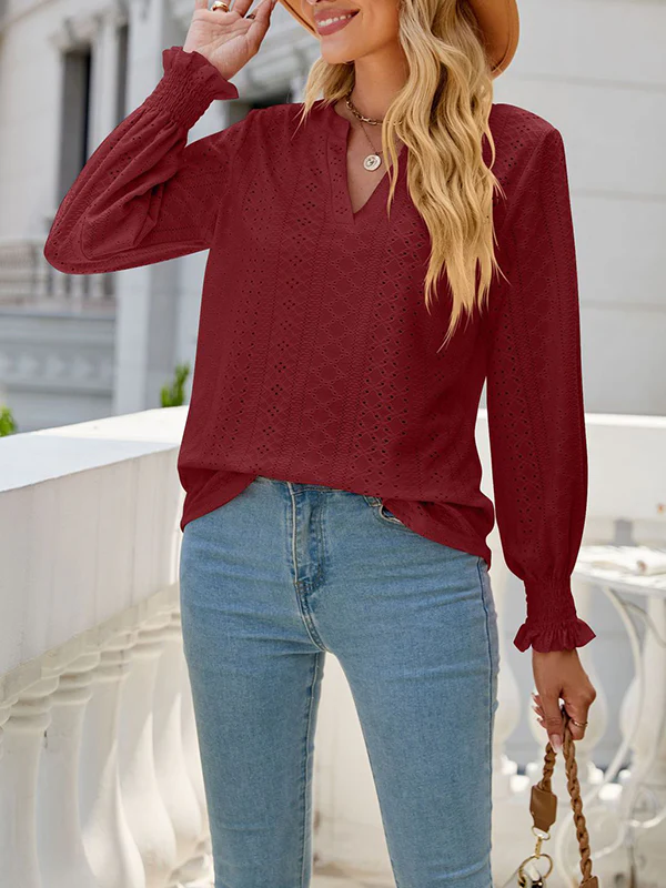 Long Sleeves Loose Elasticity Hollow Solid Color V-Neck T-Shirts Tops - Image 6