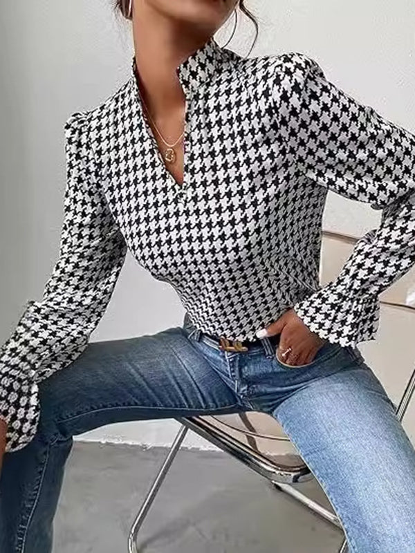 Long Sleeves Loose Elasticity Houndstooth Split-Joint V-Neck Blouses&Shirts Tops - Image 2