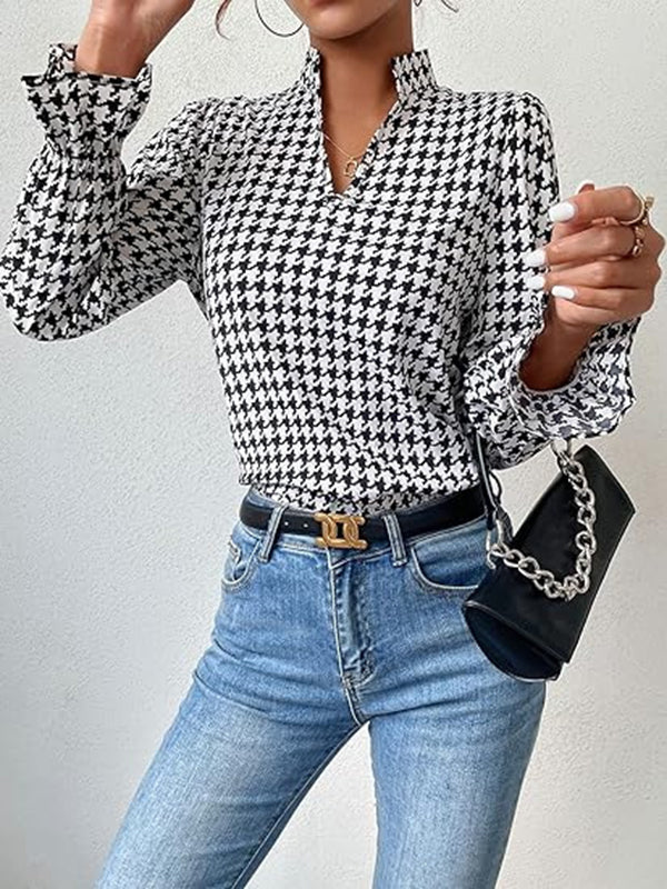 Long Sleeves Loose Elasticity Houndstooth Split-Joint V-Neck Blouses&Shirts Tops - Image 3
