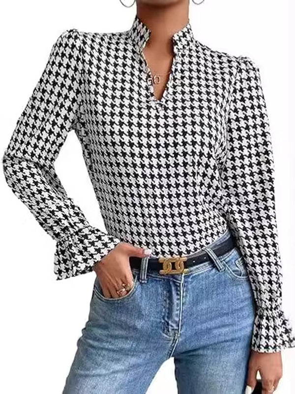 Long Sleeves Loose Elasticity Houndstooth Split-Joint V-Neck Blouses&Shirts Tops - Image 4