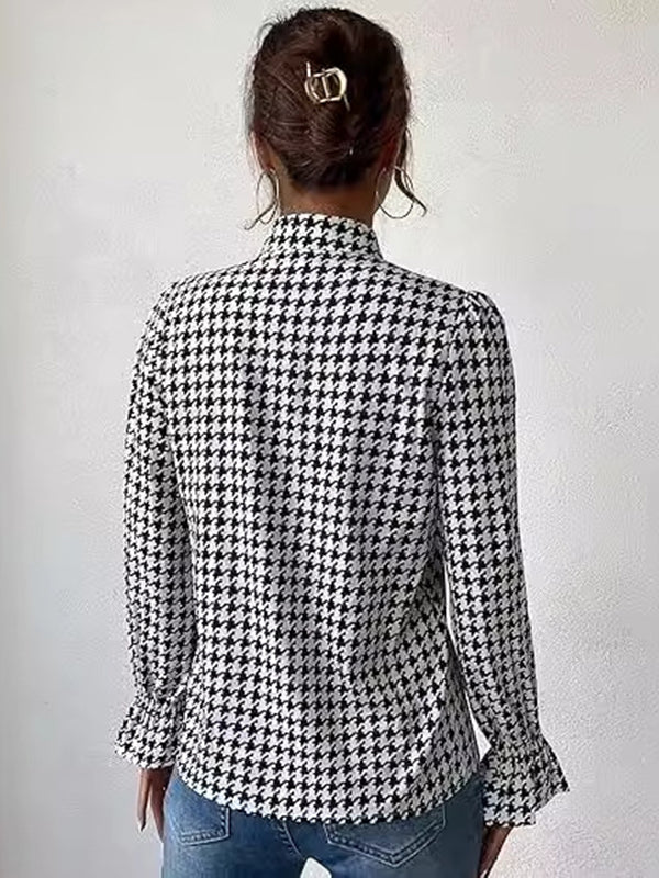 Long Sleeves Loose Elasticity Houndstooth Split-Joint V-Neck Blouses&Shirts Tops - Image 5