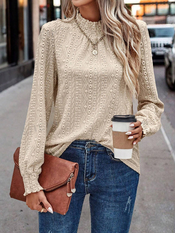 Long Sleeves Loose Elasticity Jacquard Pleated Solid Color Mock Neck T-Shirts Tops - Image 11