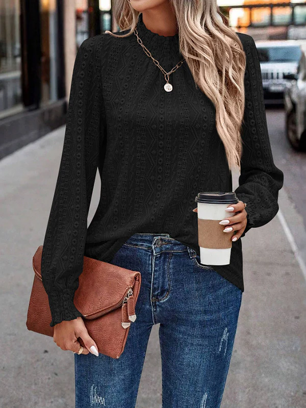Long Sleeves Loose Elasticity Jacquard Pleated Solid Color Mock Neck T-Shirts Tops - Image 14