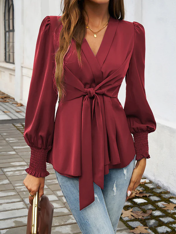 Long Sleeves Loose Elasticity Knot Solid Color V-Neck Blouses&Shirts Tops - Image 12