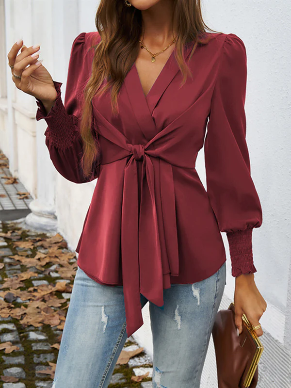 Long Sleeves Loose Elasticity Knot Solid Color V-Neck Blouses&Shirts Tops - Image 13