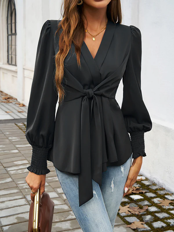 Long Sleeves Loose Elasticity Knot Solid Color V-Neck Blouses&Shirts Tops - Image 15