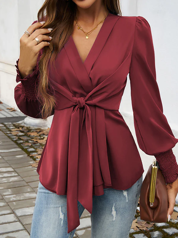 Long Sleeves Loose Elasticity Knot Solid Color V-Neck Blouses&Shirts Tops - Image 3