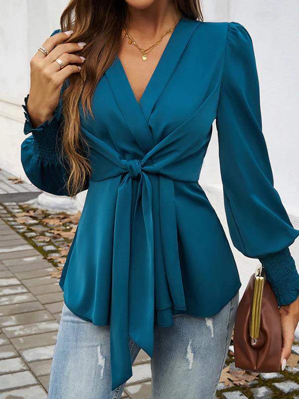 Long Sleeves Loose Elasticity Knot Solid Color V-Neck Blouses&Shirts Tops - Image 4