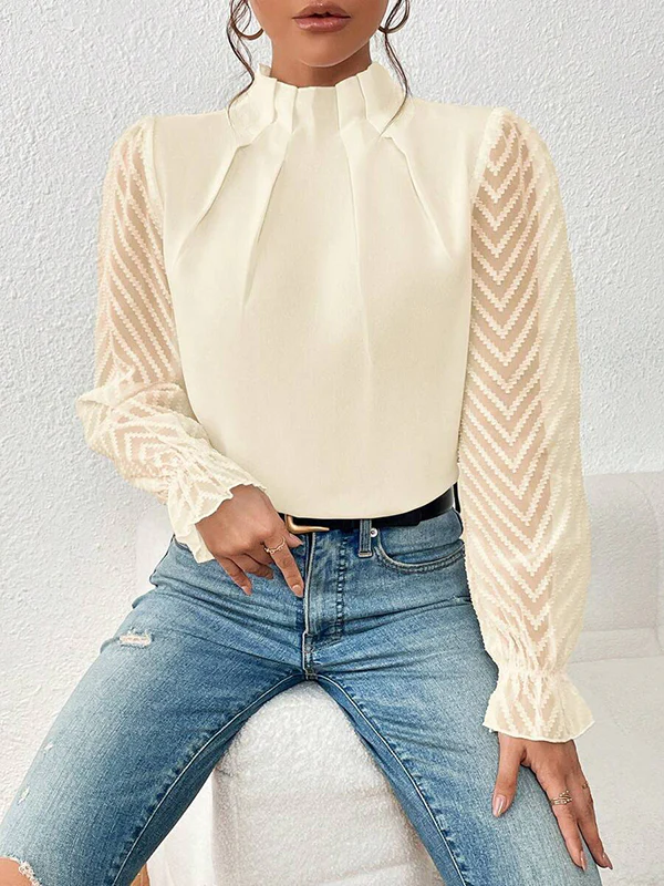 Long Sleeves Loose Elasticity Mesh Pleated Solid Color Mock Neck Blouses&Shirts Tops - Image 10