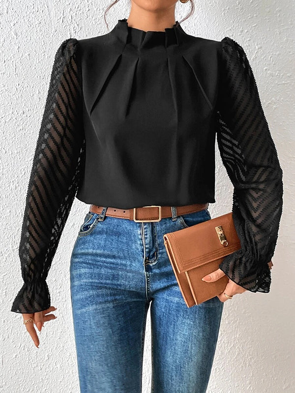 Long Sleeves Loose Elasticity Mesh Pleated Solid Color Mock Neck Blouses&Shirts Tops - Image 11
