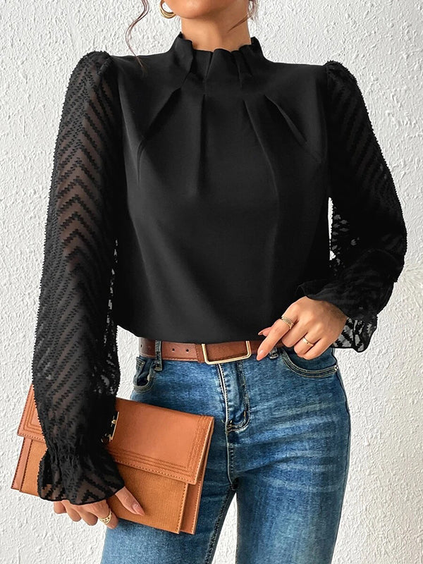 Long Sleeves Loose Elasticity Mesh Pleated Solid Color Mock Neck Blouses&Shirts Tops - Image 12