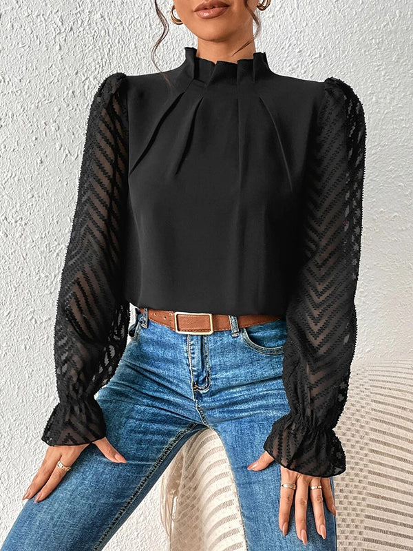 Long Sleeves Loose Elasticity Mesh Pleated Solid Color Mock Neck Blouses&Shirts Tops - Image 13