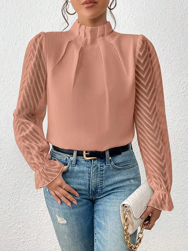 Long Sleeves Loose Elasticity Mesh Pleated Solid Color Mock Neck Blouses&Shirts Tops - Image 14
