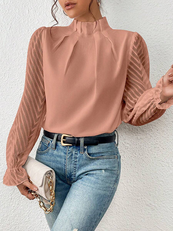 Long Sleeves Loose Elasticity Mesh Pleated Solid Color Mock Neck Blouses&Shirts Tops - Image 15