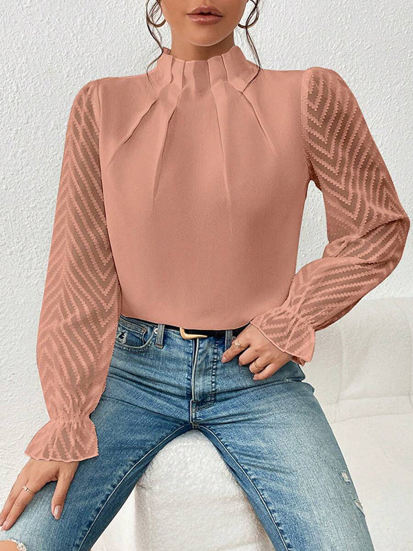 Long Sleeves Loose Elasticity Mesh Pleated Solid Color Mock Neck Blouses&Shirts Tops - Image 16