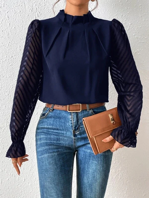 Long Sleeves Loose Elasticity Mesh Pleated Solid Color Mock Neck Blouses&Shirts Tops - Image 17