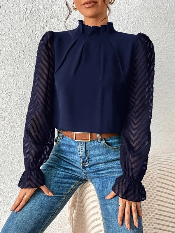 Long Sleeves Loose Elasticity Mesh Pleated Solid Color Mock Neck Blouses&Shirts Tops - Image 18