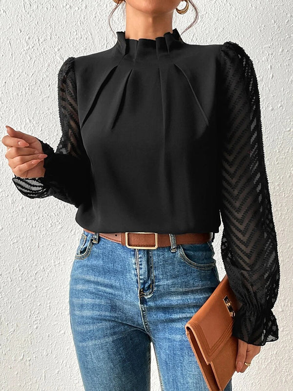 Long Sleeves Loose Elasticity Mesh Pleated Solid Color Mock Neck Blouses&Shirts Tops - Image 2