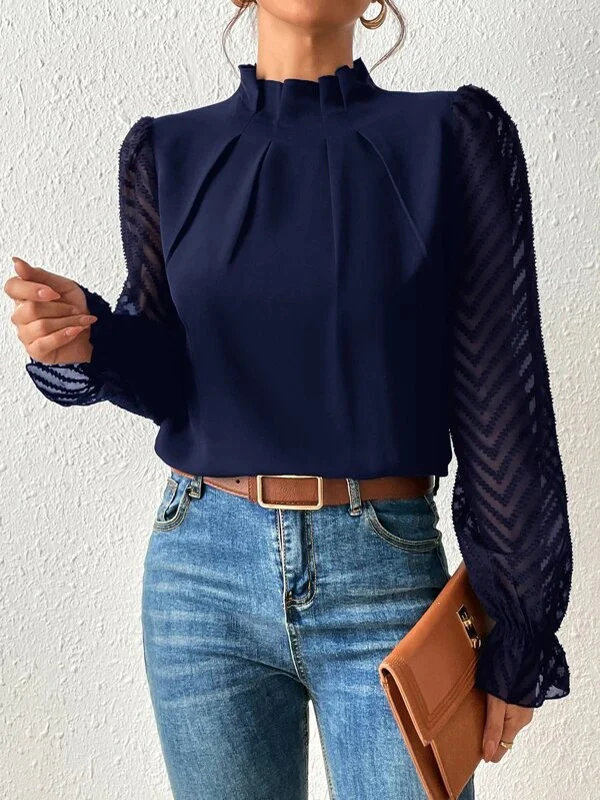 Long Sleeves Loose Elasticity Mesh Pleated Solid Color Mock Neck Blouses&Shirts Tops - Image 3