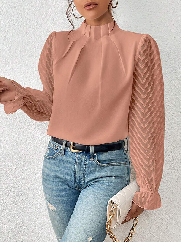 Long Sleeves Loose Elasticity Mesh Pleated Solid Color Mock Neck Blouses&Shirts Tops - Image 4