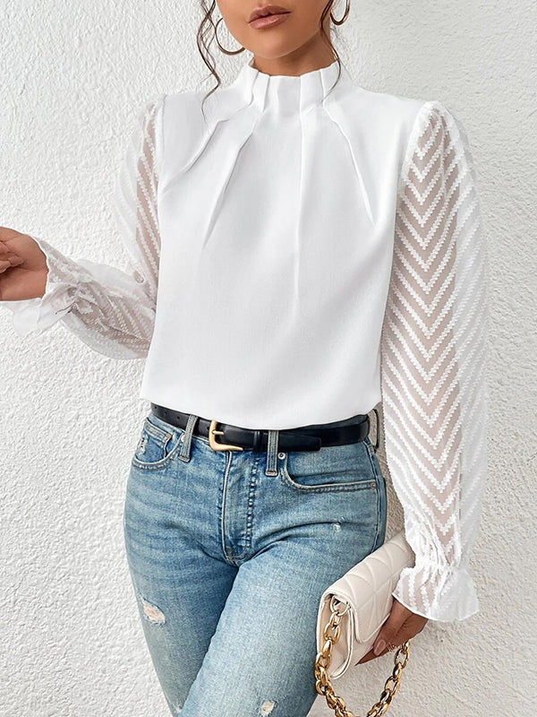 Long Sleeves Loose Elasticity Mesh Pleated Solid Color Mock Neck Blouses&Shirts Tops - Image 5