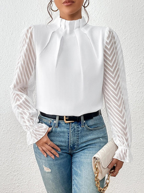 Long Sleeves Loose Elasticity Mesh Pleated Solid Color Mock Neck Blouses&Shirts Tops - Image 6
