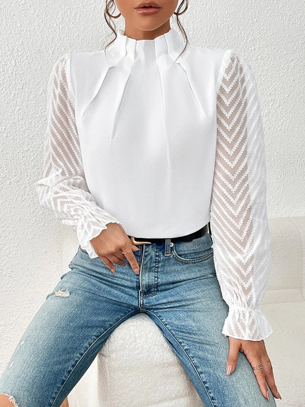 Long Sleeves Loose Elasticity Mesh Pleated Solid Color Mock Neck Blouses&Shirts Tops - Image 7