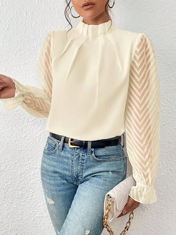 Long Sleeves Loose Elasticity Mesh Pleated Solid Color Mock Neck Blouses&Shirts Tops - Image 8