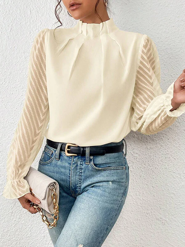 Long Sleeves Loose Elasticity Mesh Pleated Solid Color Mock Neck Blouses&Shirts Tops - Image 9