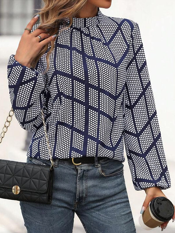 Long Sleeves Loose Elasticity Pleated Polka-Dot Mock Neck Blouses&Shirts Tops - Image 3