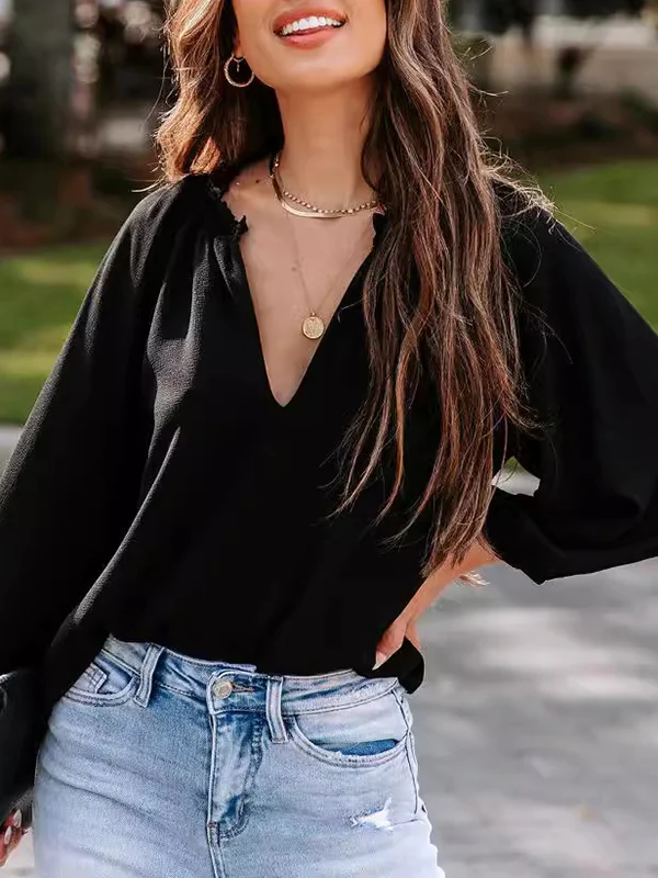Long Sleeves Loose Elasticity Pleated Ruffle Trim Solid Color Deep V-Neck T-Shirts Tops - Image 10