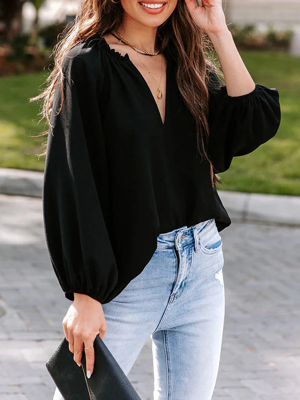 Long Sleeves Loose Elasticity Pleated Ruffle Trim Solid Color Deep V-Neck T-Shirts Tops - Image 11