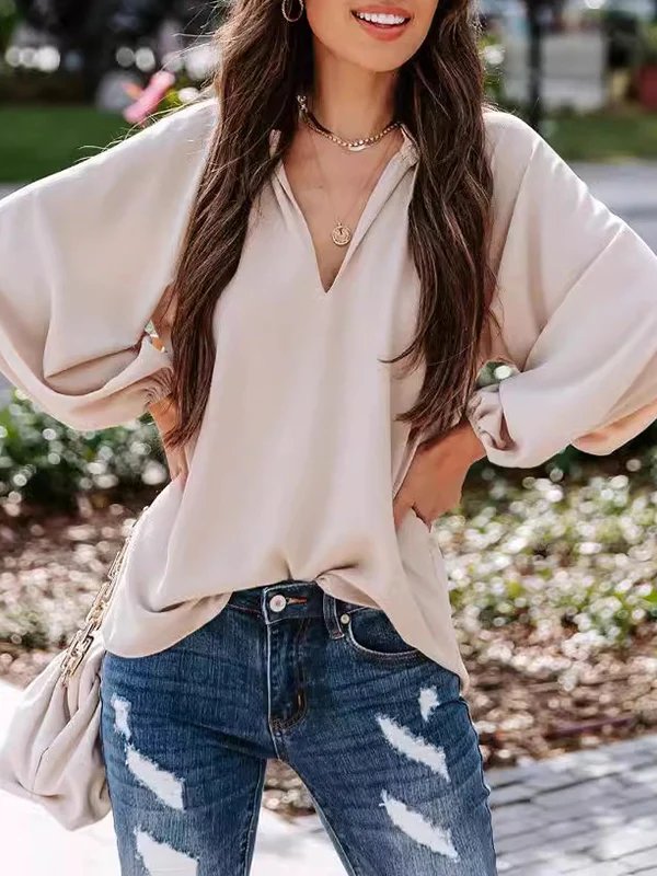 Long Sleeves Loose Elasticity Pleated Ruffle Trim Solid Color Deep V-Neck T-Shirts Tops - Image 12