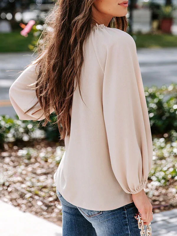 Long Sleeves Loose Elasticity Pleated Ruffle Trim Solid Color Deep V-Neck T-Shirts Tops - Image 16