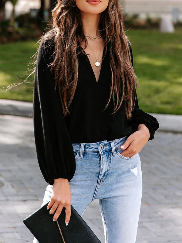 Long Sleeves Loose Elasticity Pleated Ruffle Trim Solid Color Deep V-Neck T-Shirts Tops - Image 2