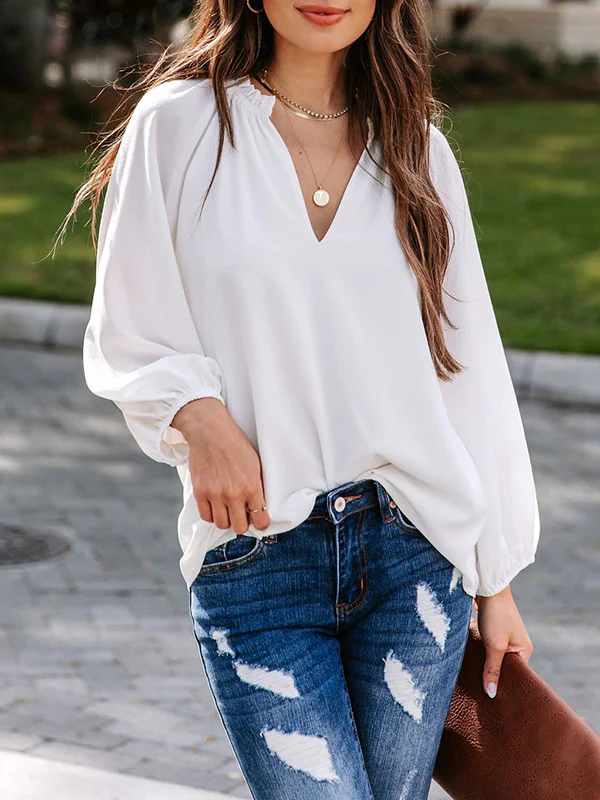 Long Sleeves Loose Elasticity Pleated Ruffle Trim Solid Color Deep V-Neck T-Shirts Tops - Image 3