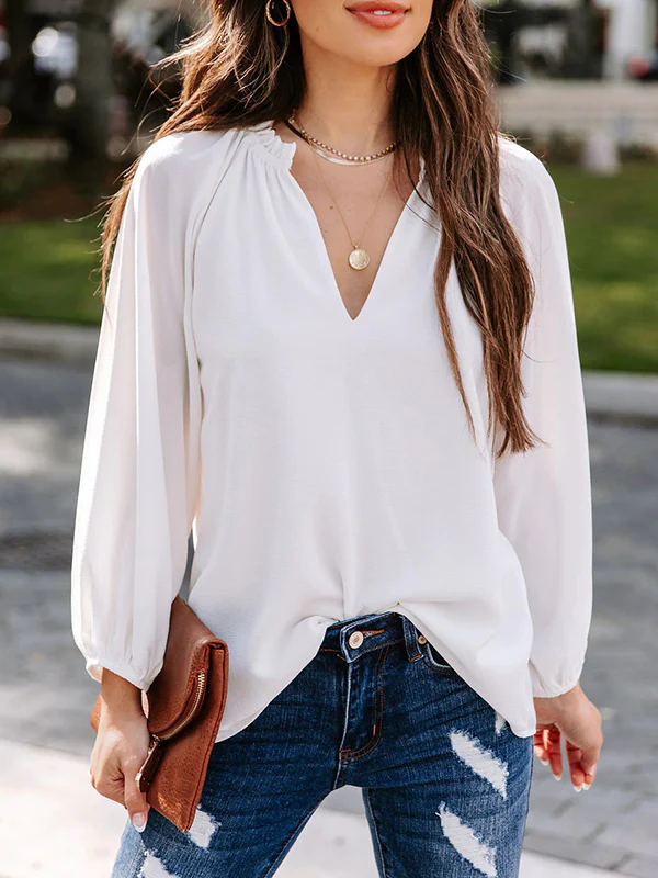 Long Sleeves Loose Elasticity Pleated Ruffle Trim Solid Color Deep V-Neck T-Shirts Tops - Image 4