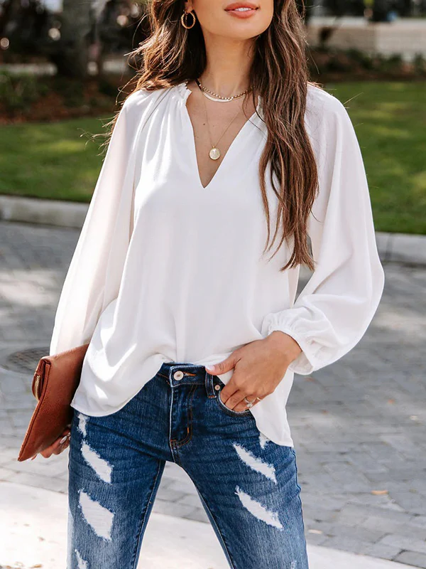 Long Sleeves Loose Elasticity Pleated Ruffle Trim Solid Color Deep V-Neck T-Shirts Tops - Image 5