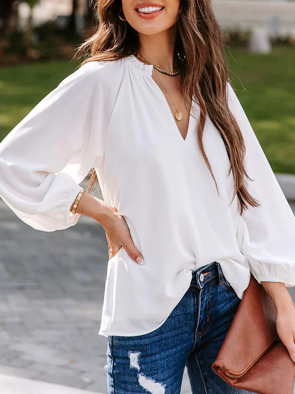 Long Sleeves Loose Elasticity Pleated Ruffle Trim Solid Color Deep V-Neck T-Shirts Tops - Image 6