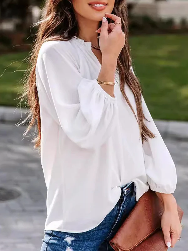 Long Sleeves Loose Elasticity Pleated Ruffle Trim Solid Color Deep V-Neck T-Shirts Tops - Image 7