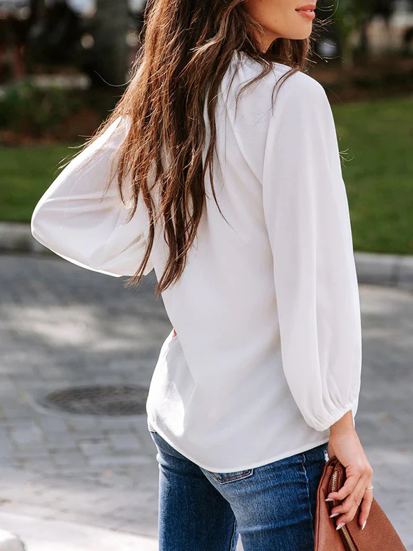 Long Sleeves Loose Elasticity Pleated Ruffle Trim Solid Color Deep V-Neck T-Shirts Tops - Image 8