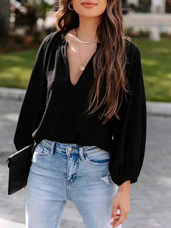 Long Sleeves Loose Elasticity Pleated Ruffle Trim Solid Color Deep V-Neck T-Shirts Tops - Image 9