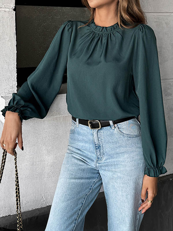 Long Sleeves Loose Elasticity Pleated Ruffle Trim Solid Color Mock Neck Blouses&Shirts Tops - Image 3