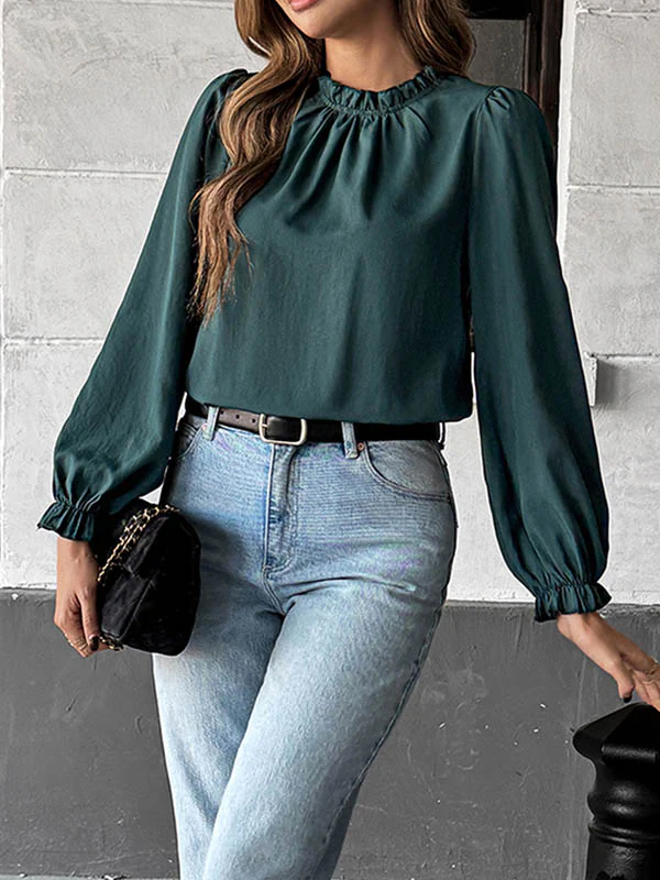Long Sleeves Loose Elasticity Pleated Ruffle Trim Solid Color Mock Neck Blouses&Shirts Tops - Image 4