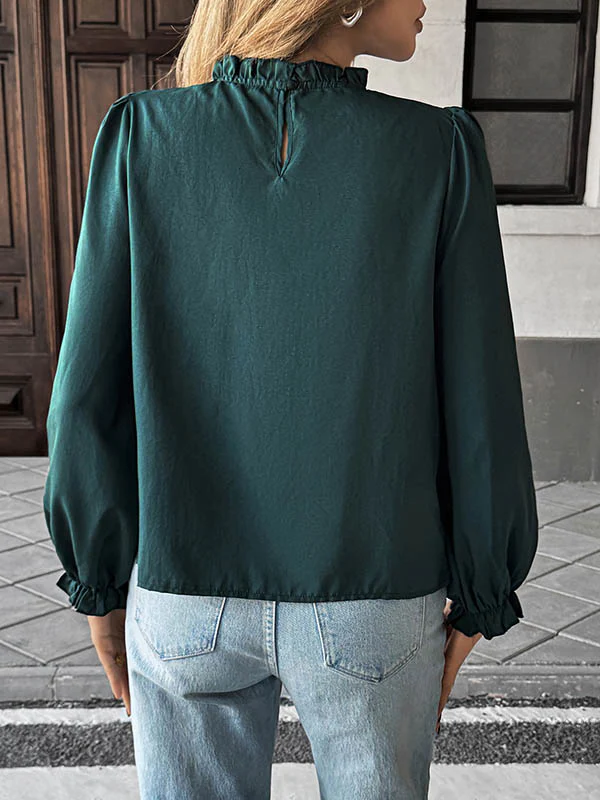 Long Sleeves Loose Elasticity Pleated Ruffle Trim Solid Color Mock Neck Blouses&Shirts Tops - Image 5